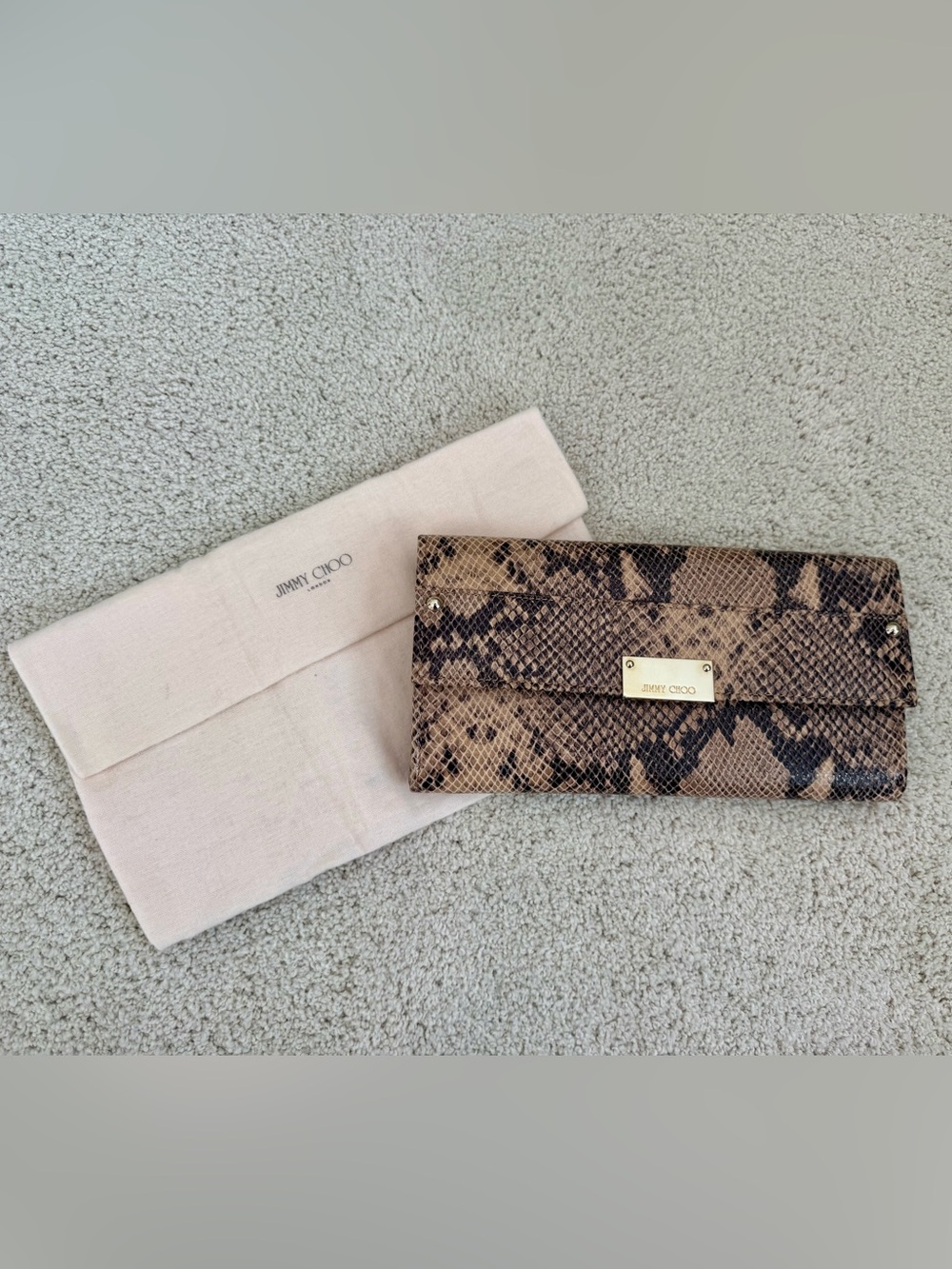 Jimmy Choo Tan and Black Snake-Print Leather Clutch with Gold Plaque